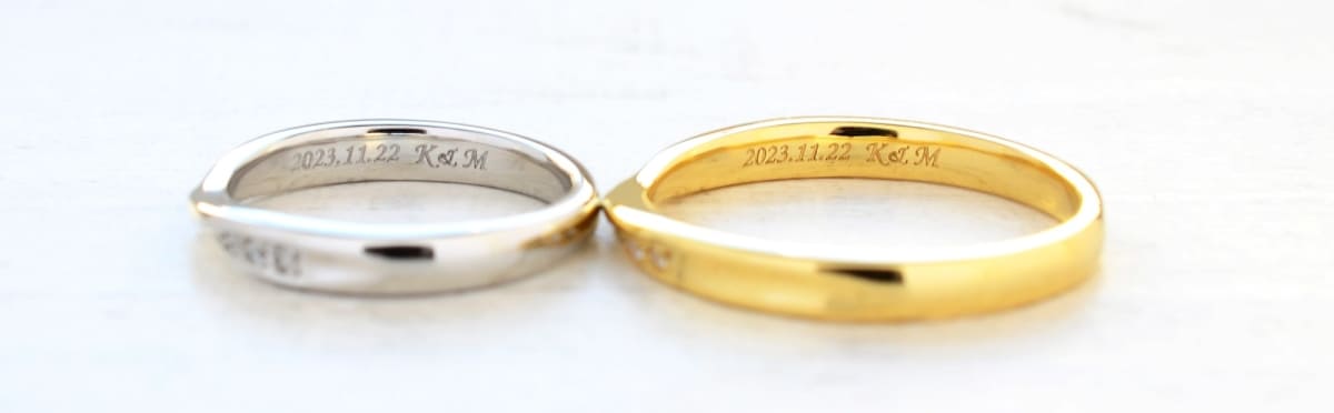K18イエローゴールドとPt900の手作り指輪へのレーザー彫刻
